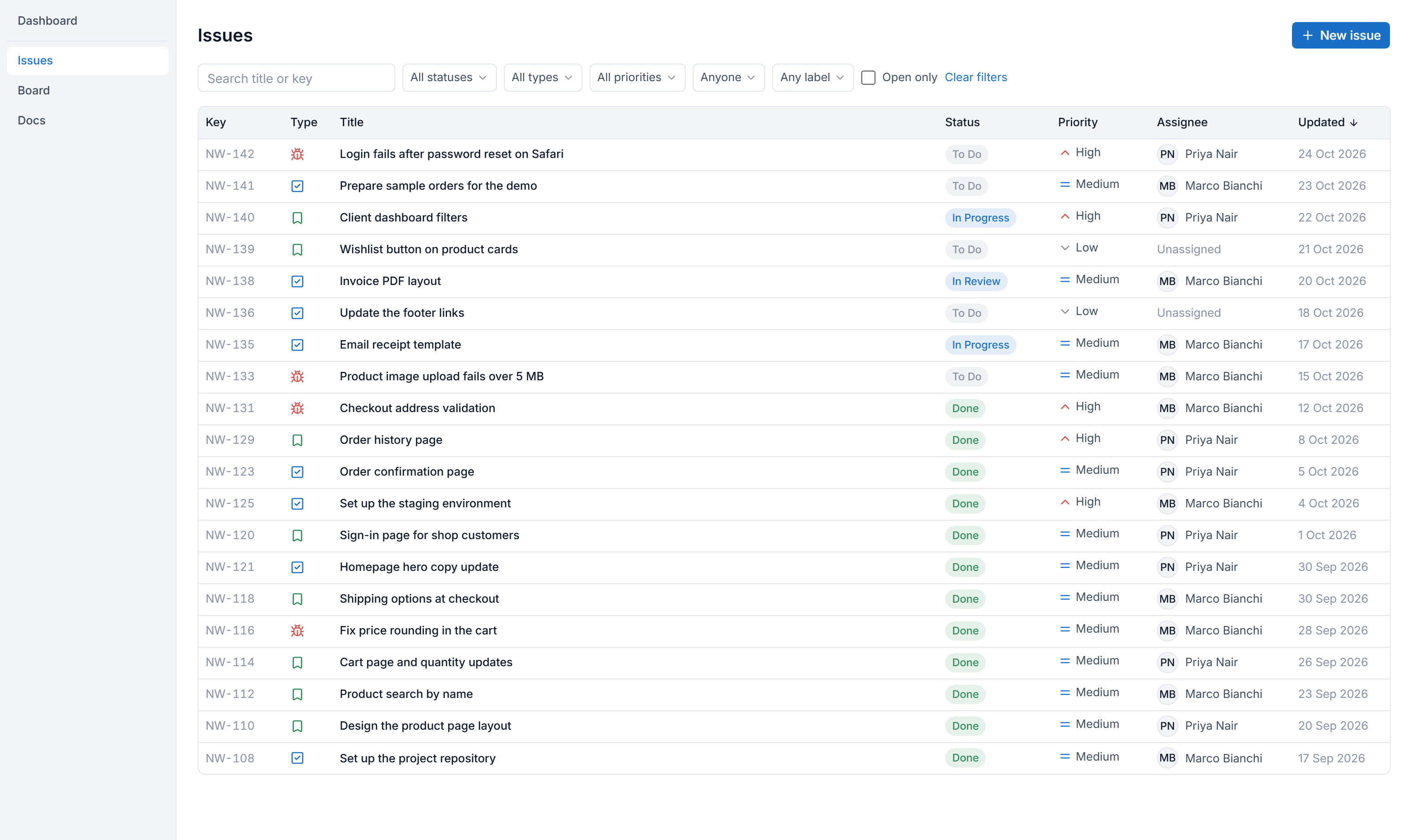 The Northwind issue list as the client sees it: keys, titles, status, priority and assignee, with no time columns and no Time or Settings pages.